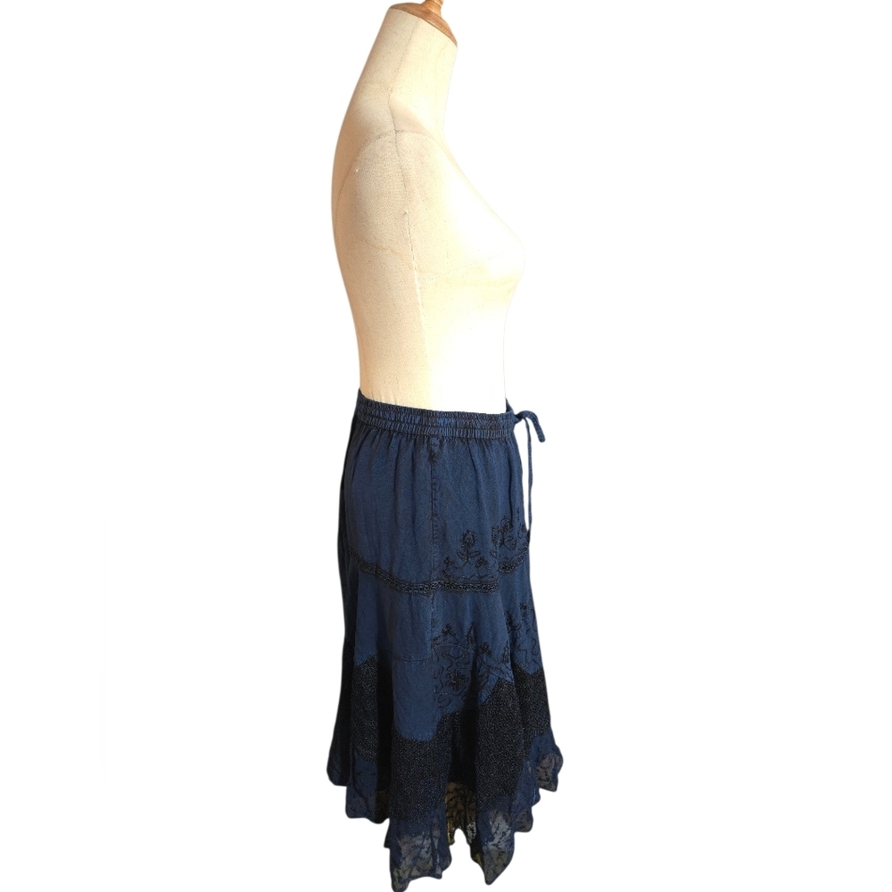 L.S.I  Blue Lace Trimmed Embellished Peasant Midi Boho Skirt NWT - Picture 3 of 7